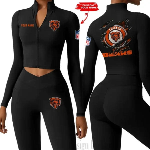 Chicago Bears Women Activewear Set 2 Piece Crop Jacket and High Waist Leggings SPTZSTW236
