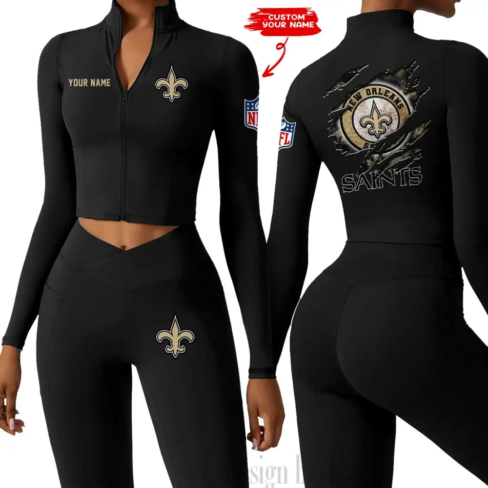 New Orleans Saints Women Activewear Set 2 Piece Crop Jacket and High Waist Leggings SPTZSTW253