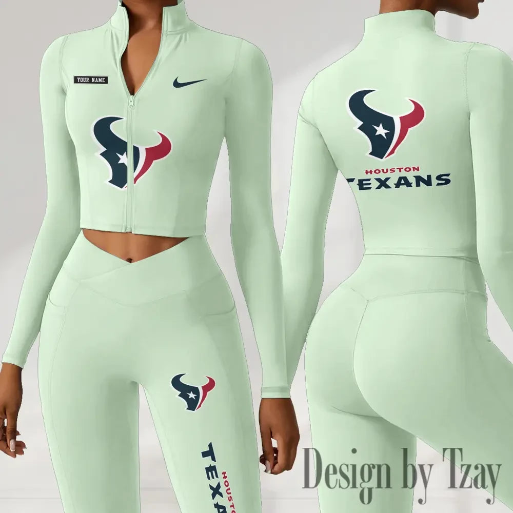 Houston Texans Women Activewear Set 2 Piece Crop Jacket and High Waist Leggings SPTZSTW275
