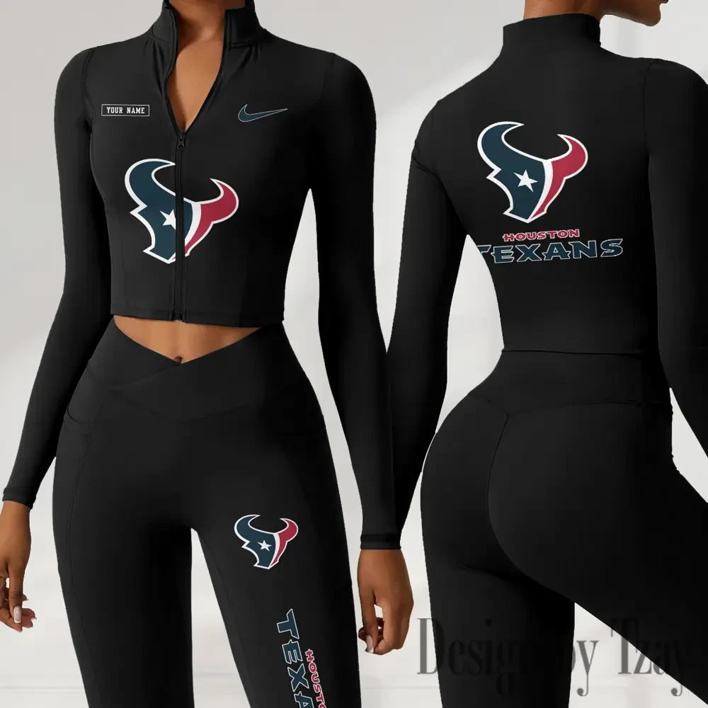 Houston Texans Women Activewear Set 2 Piece Crop Jacket and High Waist Leggings SPTZSTW275