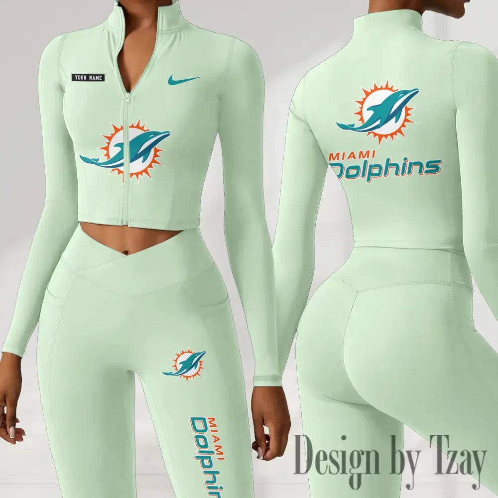 Miami Dolphins Women Activewear Set 2 Piece Crop Jacket and High Waist Leggings SPTZSTW282