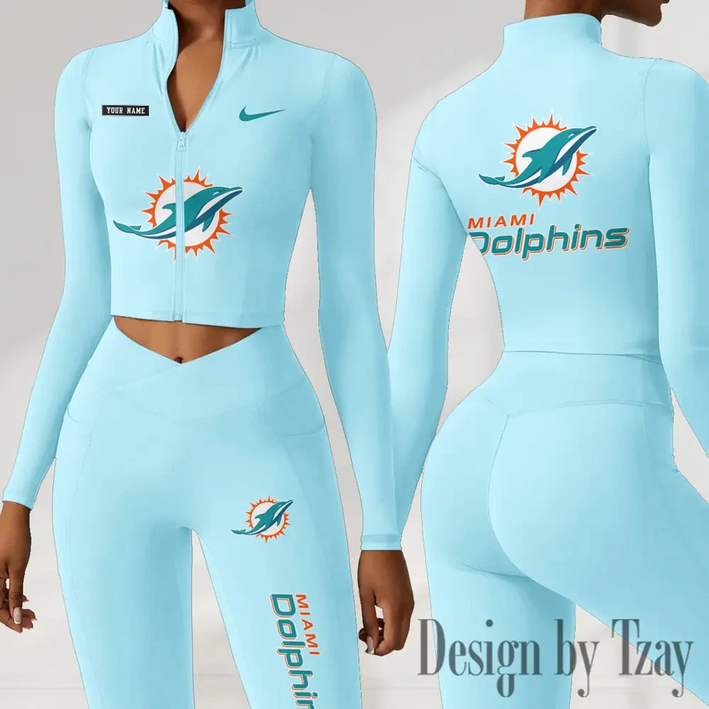 Miami Dolphins Women Activewear Set 2 Piece Crop Jacket and High Waist Leggings SPTZSTW282
