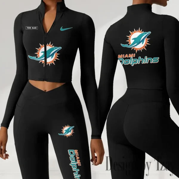 Miami Dolphins Women Activewear Set 2 Piece Crop Jacket and High Waist Leggings SPTZSTW282