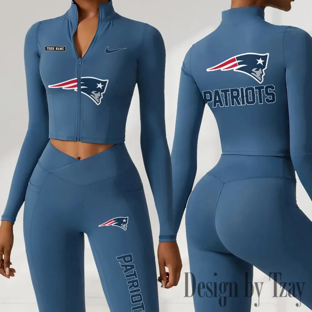 New England Patriots Women Activewear Set 2 Piece Crop Jacket and High Waist Leggings SPTZSTW284