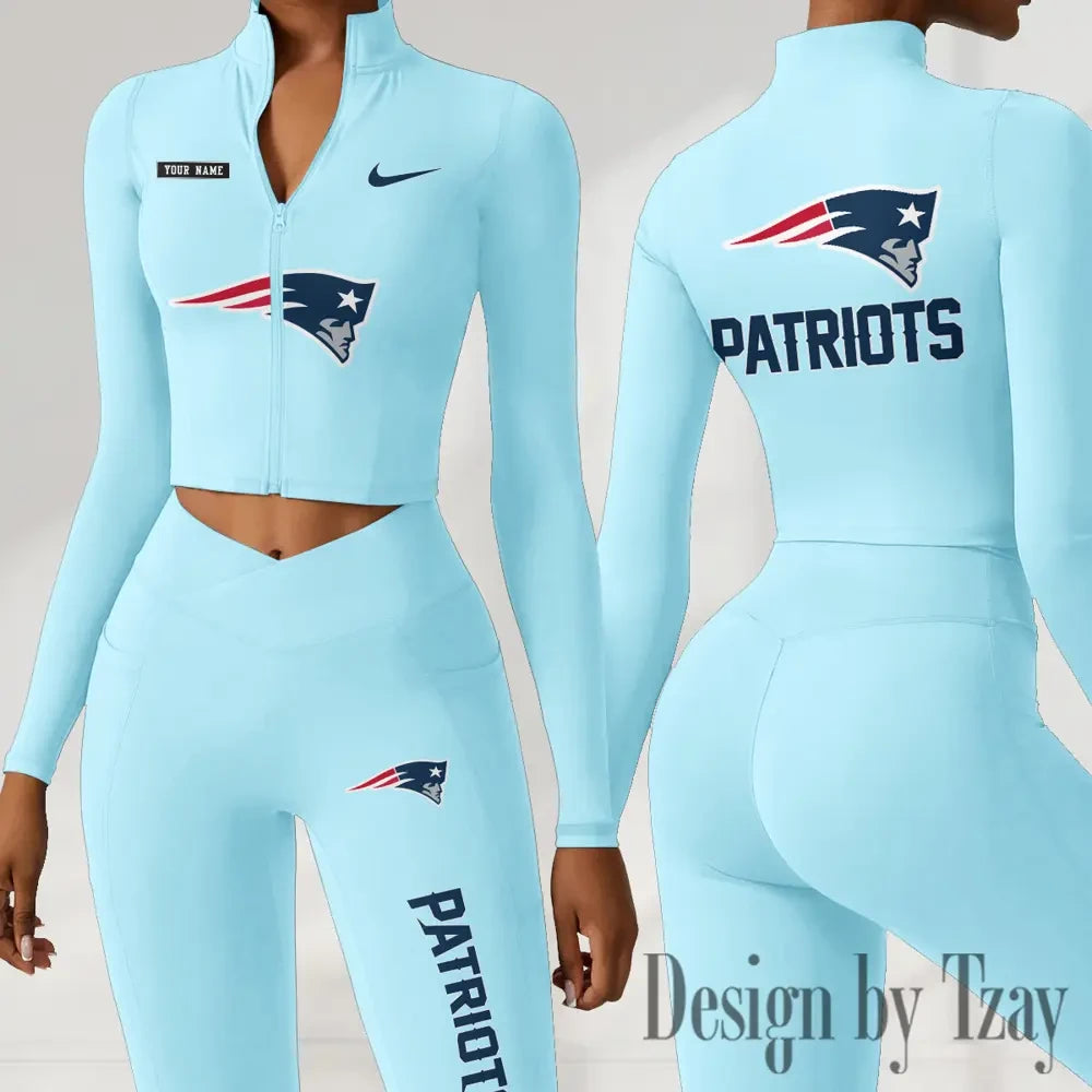 New England Patriots Women Activewear Set 2 Piece Crop Jacket and High Waist Leggings SPTZSTW284