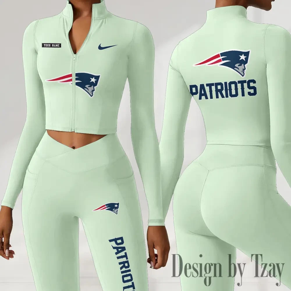 New England Patriots Women Activewear Set 2 Piece Crop Jacket and High Waist Leggings SPTZSTW284