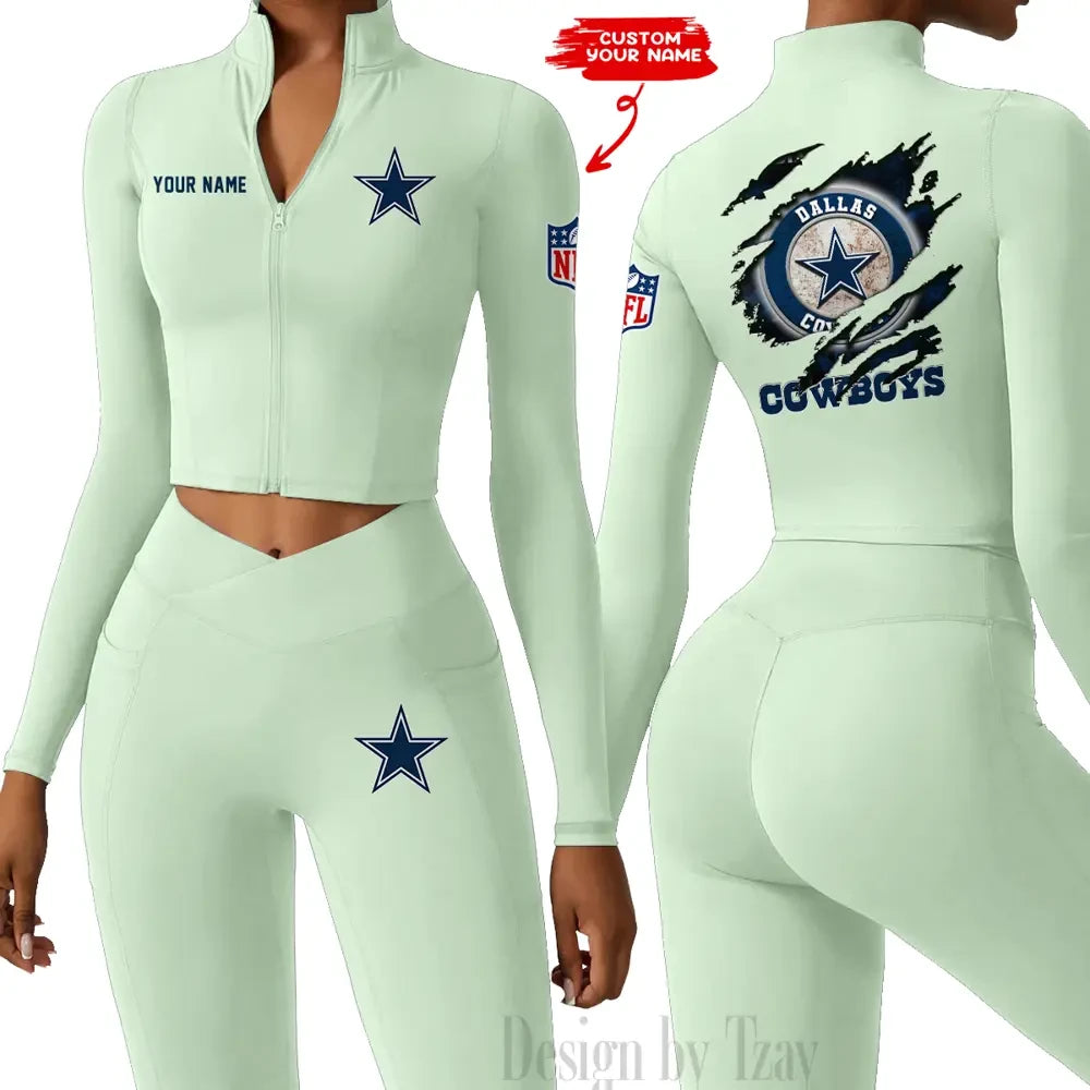 Dallas Cowboys Women Activewear Set 2 Piece Crop Jacket and High Waist Leggings SPTZSTW239