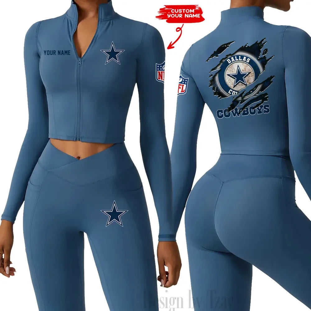 Dallas Cowboys Women Activewear Set 2 Piece Crop Jacket and High Waist Leggings SPTZSTW239