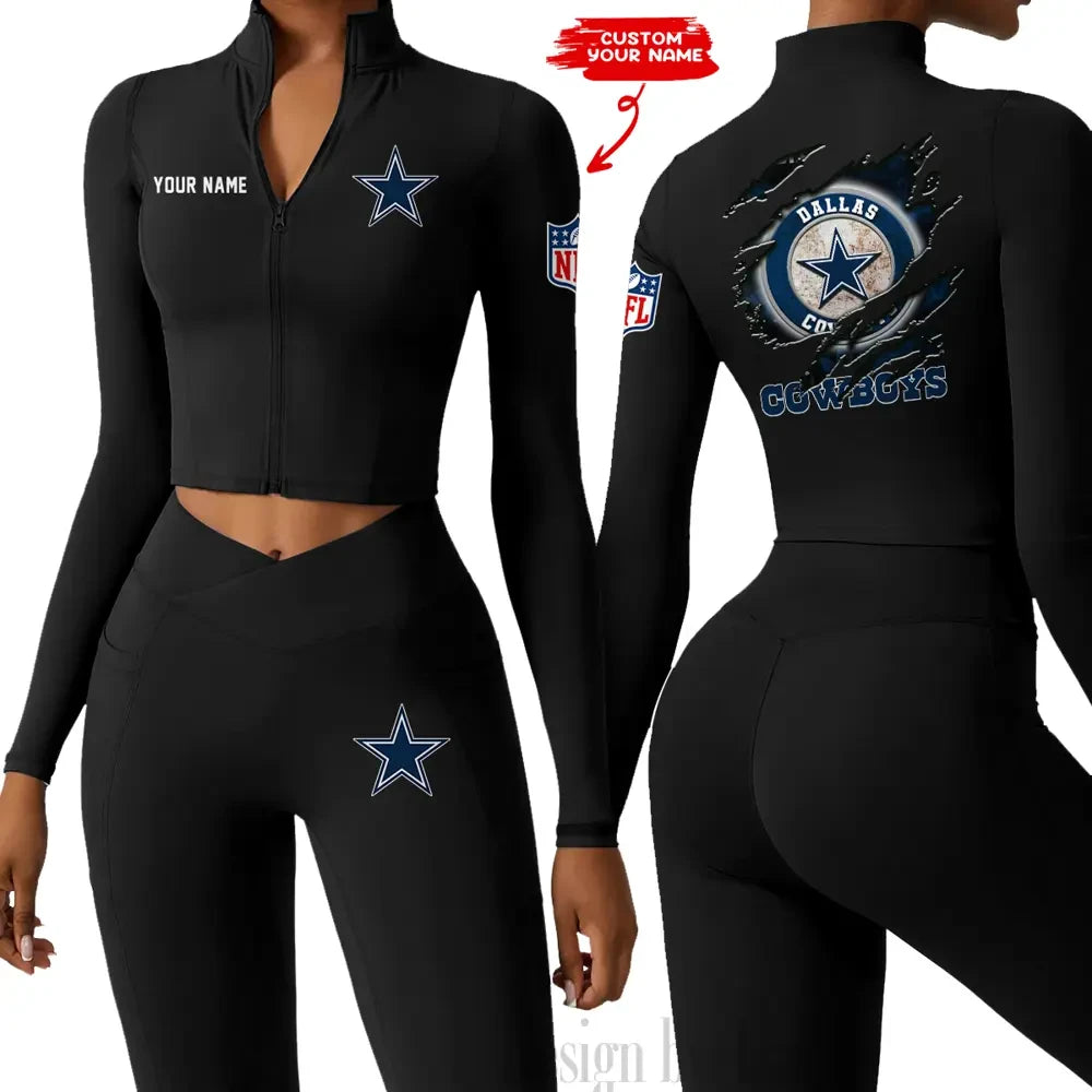Dallas Cowboys Women Activewear Set 2 Piece Crop Jacket and High Waist Leggings SPTZSTW239