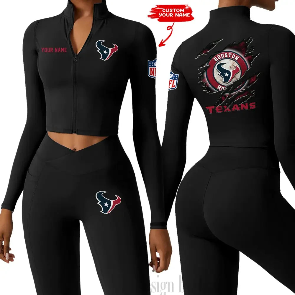 Houston Texans Women Activewear Set 2 Piece Crop Jacket and High Waist Leggings SPTZSTW243
