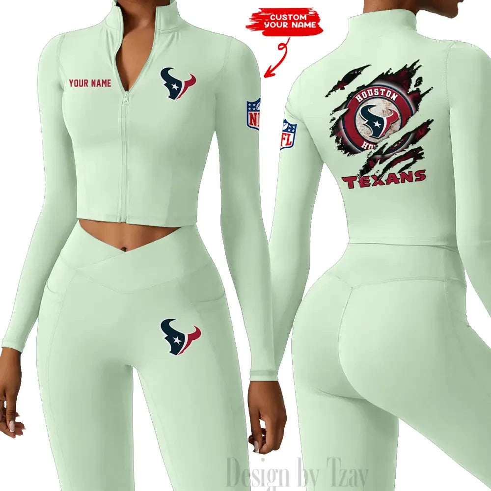 Houston Texans Women Activewear Set 2 Piece Crop Jacket and High Waist Leggings SPTZSTW243
