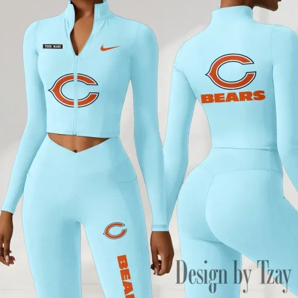 Chicago Bears Women Activewear Set 2 Piece Crop Jacket and High Waist Leggings SPTZSTW268