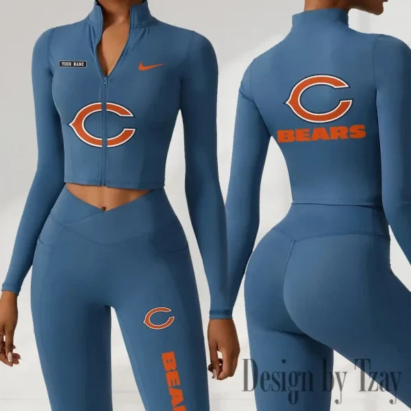 Chicago Bears Women Activewear Set 2 Piece Crop Jacket and High Waist Leggings SPTZSTW268