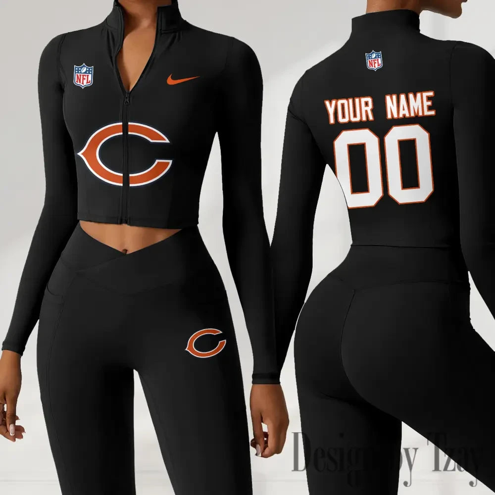 Chicago Bears Women Activewear Set 2 Piece Crop Jacket and High Waist Leggings SPTZSTW204