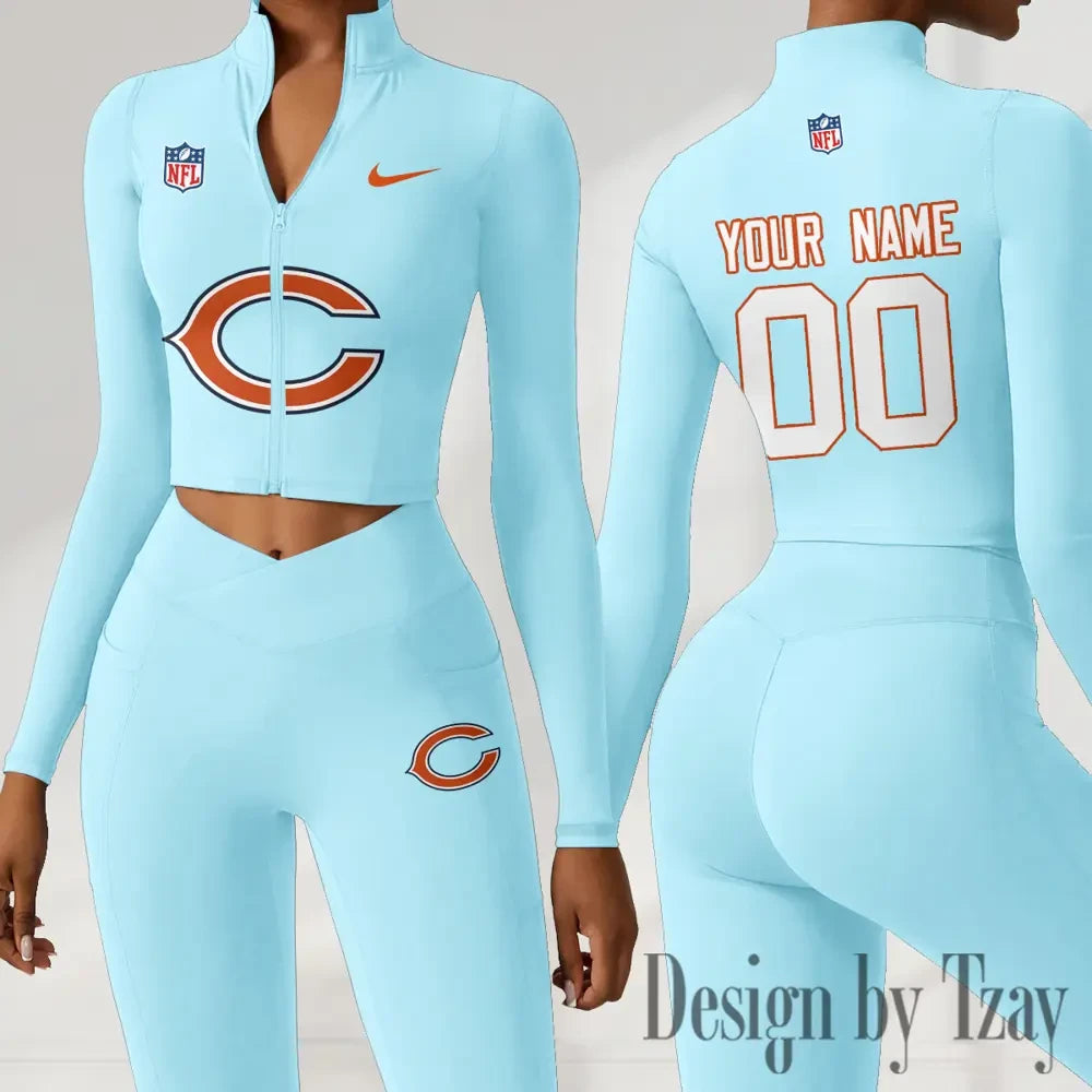 Chicago Bears Women Activewear Set 2 Piece Crop Jacket and High Waist Leggings SPTZSTW204