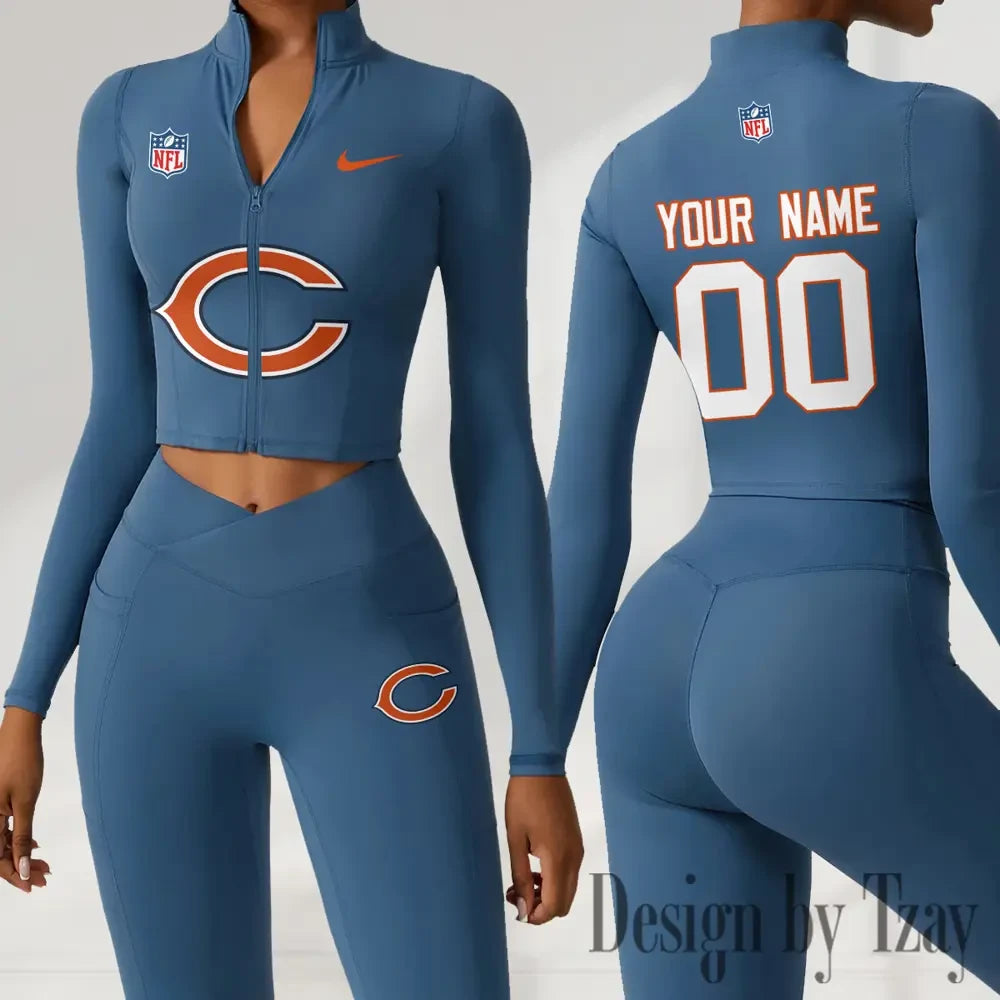 Chicago Bears Women Activewear Set 2 Piece Crop Jacket and High Waist Leggings SPTZSTW204