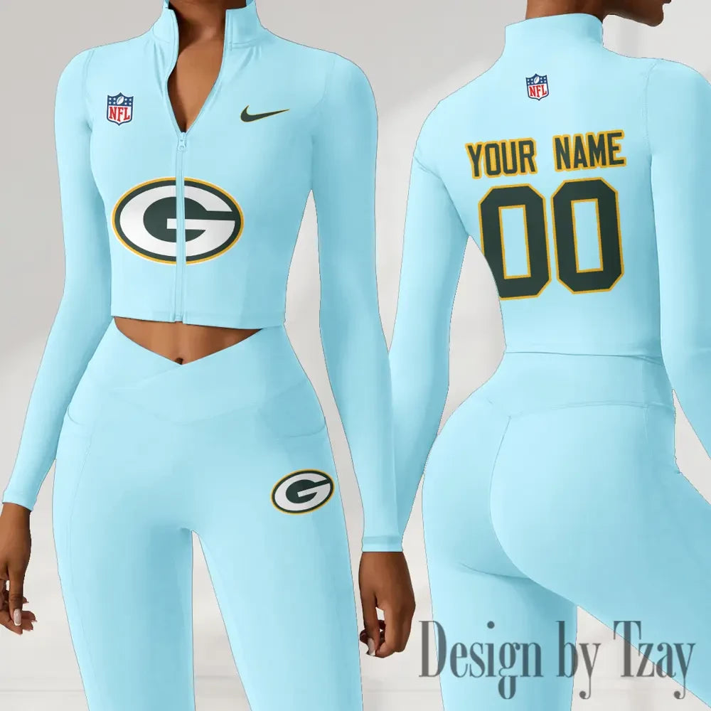 Green Bay Packers Women Activewear Set 2 Piece Crop Jacket and High Waist Leggings SPTZSTW210