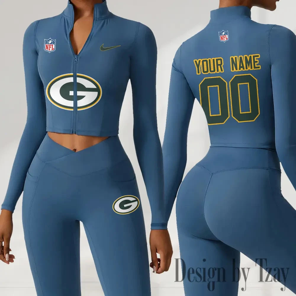 Green Bay Packers Women Activewear Set 2 Piece Crop Jacket and High Waist Leggings SPTZSTW210