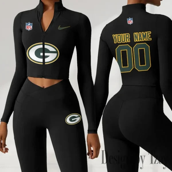 Green Bay Packers Women Activewear Set 2 Piece Crop Jacket and High Waist Leggings SPTZSTW210