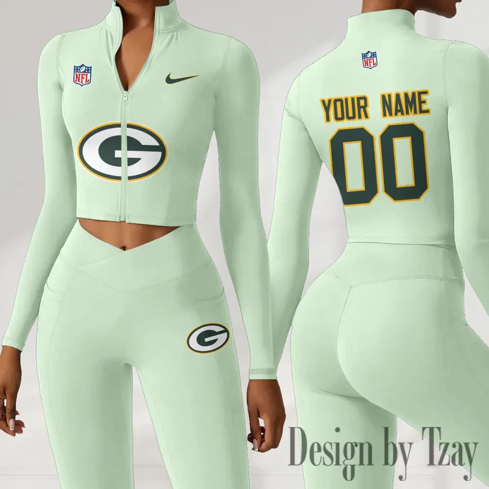 Green Bay Packers Women Activewear Set 2 Piece Crop Jacket and High Waist Leggings SPTZSTW210