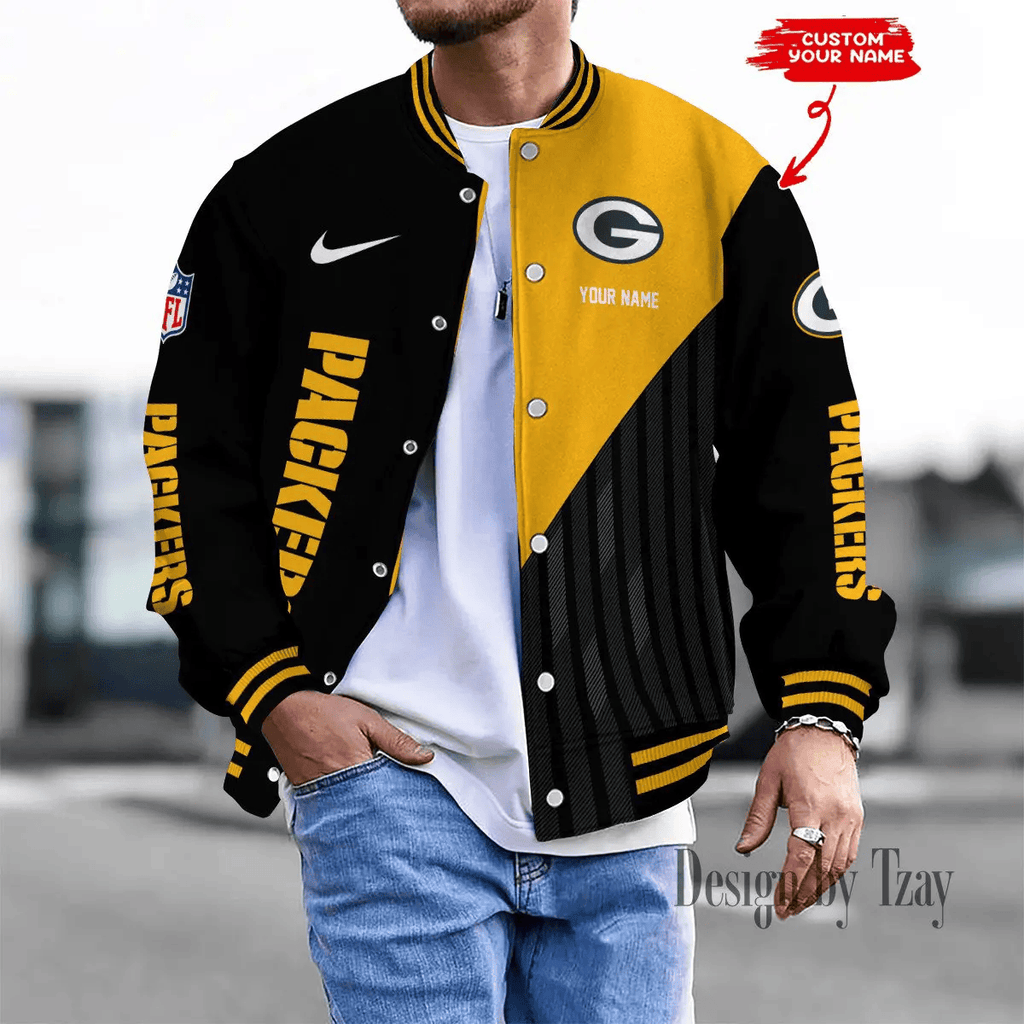 SPTBBJACKET108-Green Bay Packers Personalized New Baseball Jacket Gifts For Fan