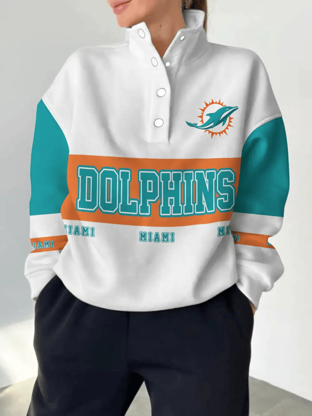 Miami Dolphins New Design Casual Snap Mockneck Pullover Sweatshirt SPTCSMPS062