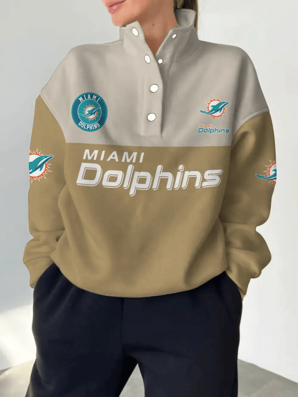 Miami Dolphins New Design Casual Snap Mockneck Pullover Sweatshirt SPTCSMPS039