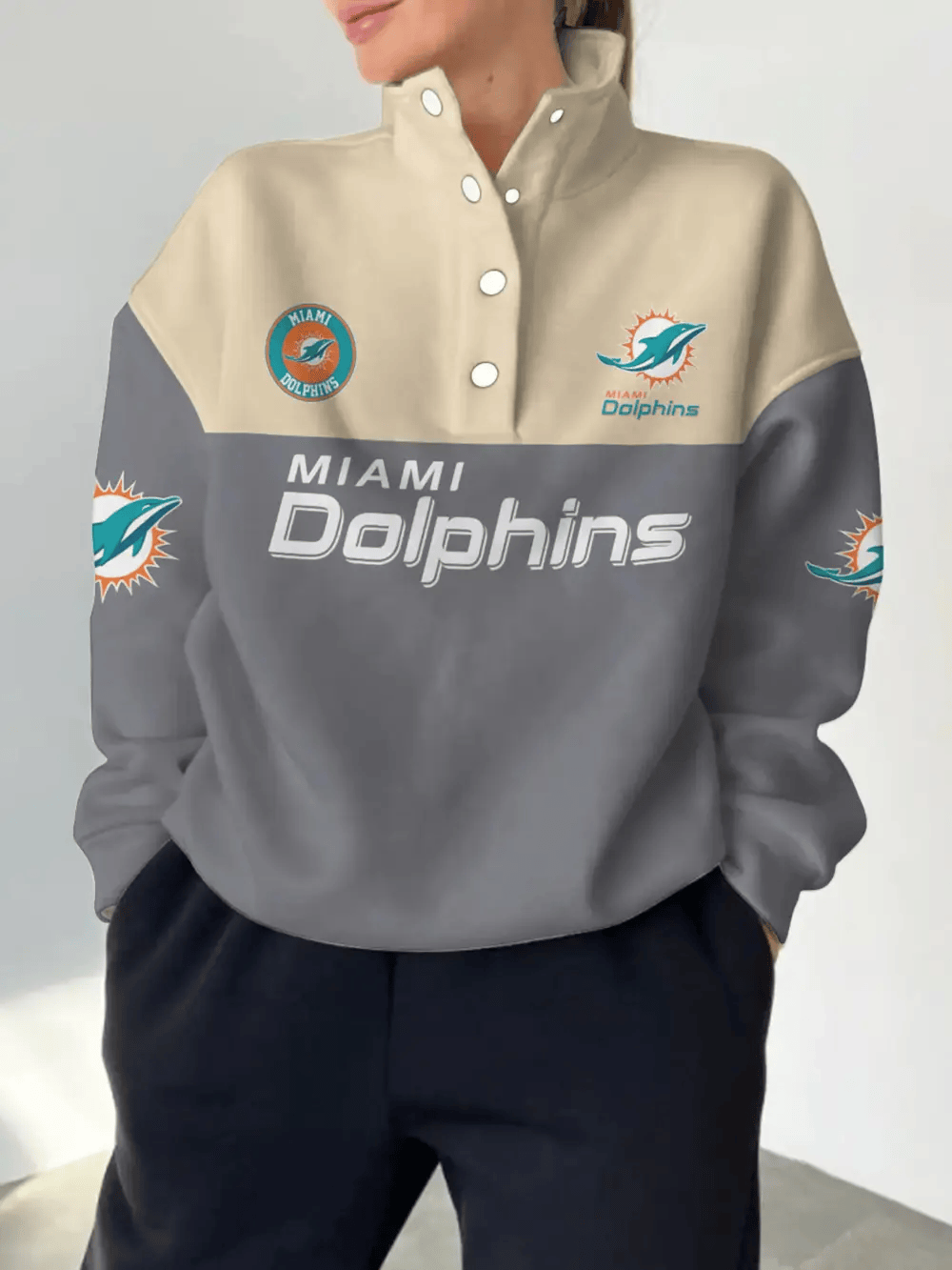 Miami Dolphins New Design Casual Snap Mockneck Pullover Sweatshirt SPTCSMPS023