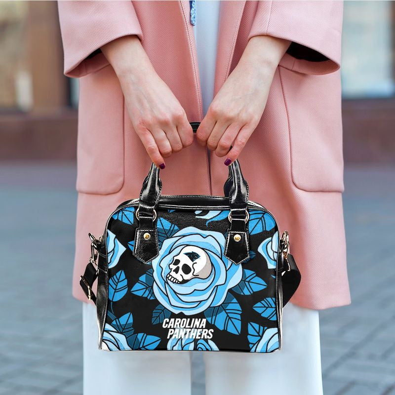 Carolina Panthers Skull and Rose Pattern Limited Edition Lady Leather Handbag NLA052532