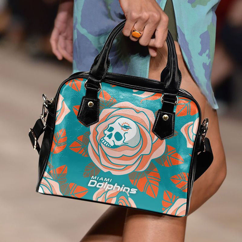 Miami Dolphins Skull and Rose Pattern Limited Edition Lady Leather Handbag NLA052508