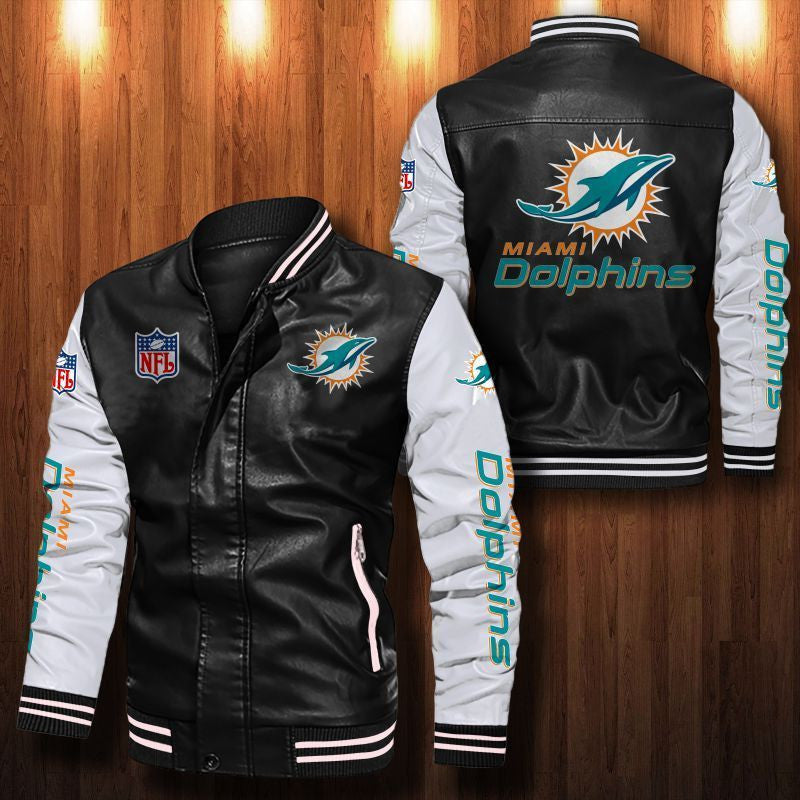 Signature Series Leather Jacket — Plush Sherpa Lining Miami Dolphins HVKE1026