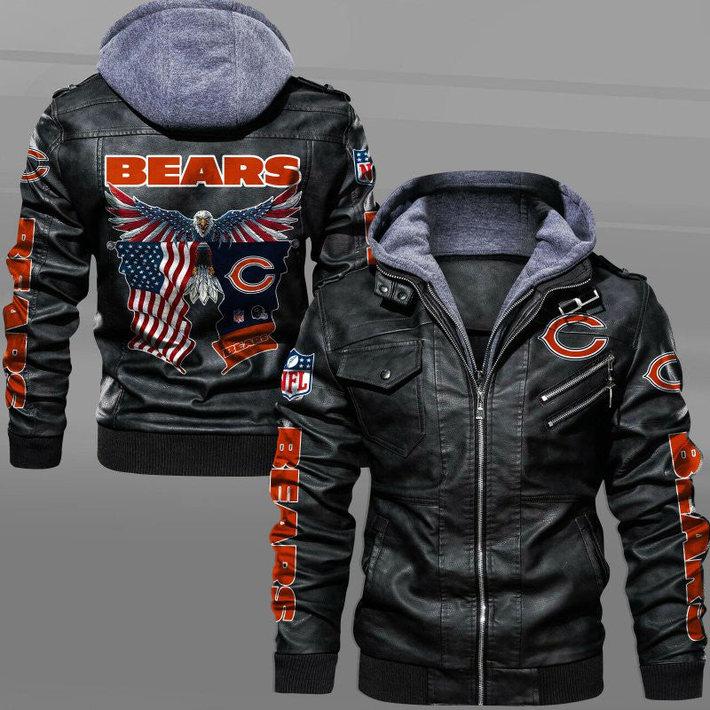 Chicago Bears HVKC7217 - Premium & Ultra-Thick Leather Jacket with Fleece Hood