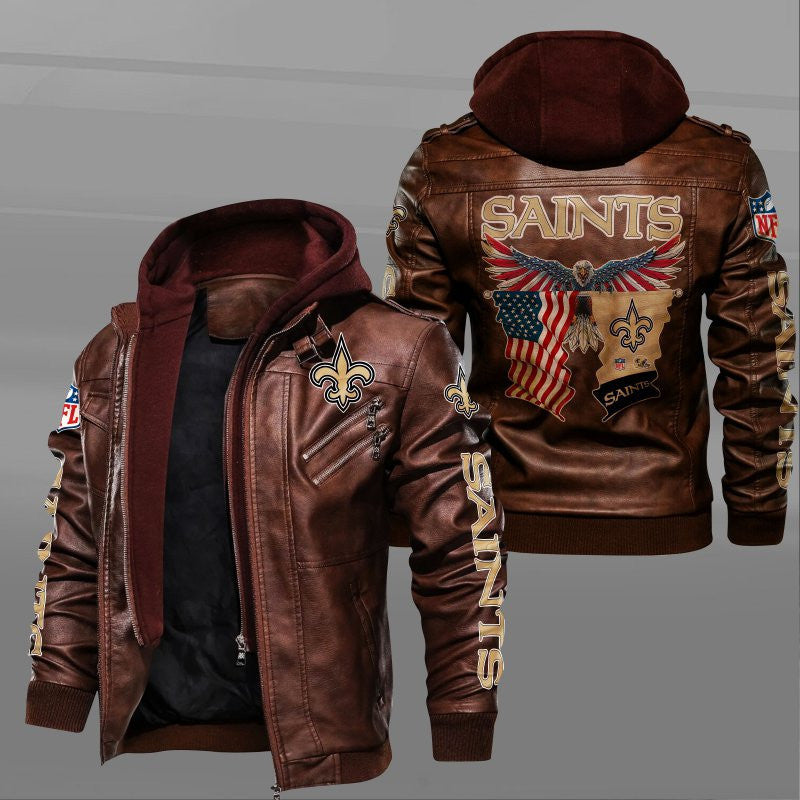 New Orleans Saints HVKC7233 - Premium & Ultra-Thick Leather Jacket with Fleece Hood