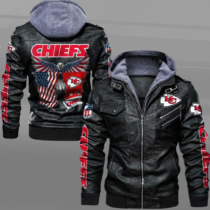 Kansas City Chiefs HVKC7227 - Premium & Ultra-Thick Leather Jacket with Fleece Hood