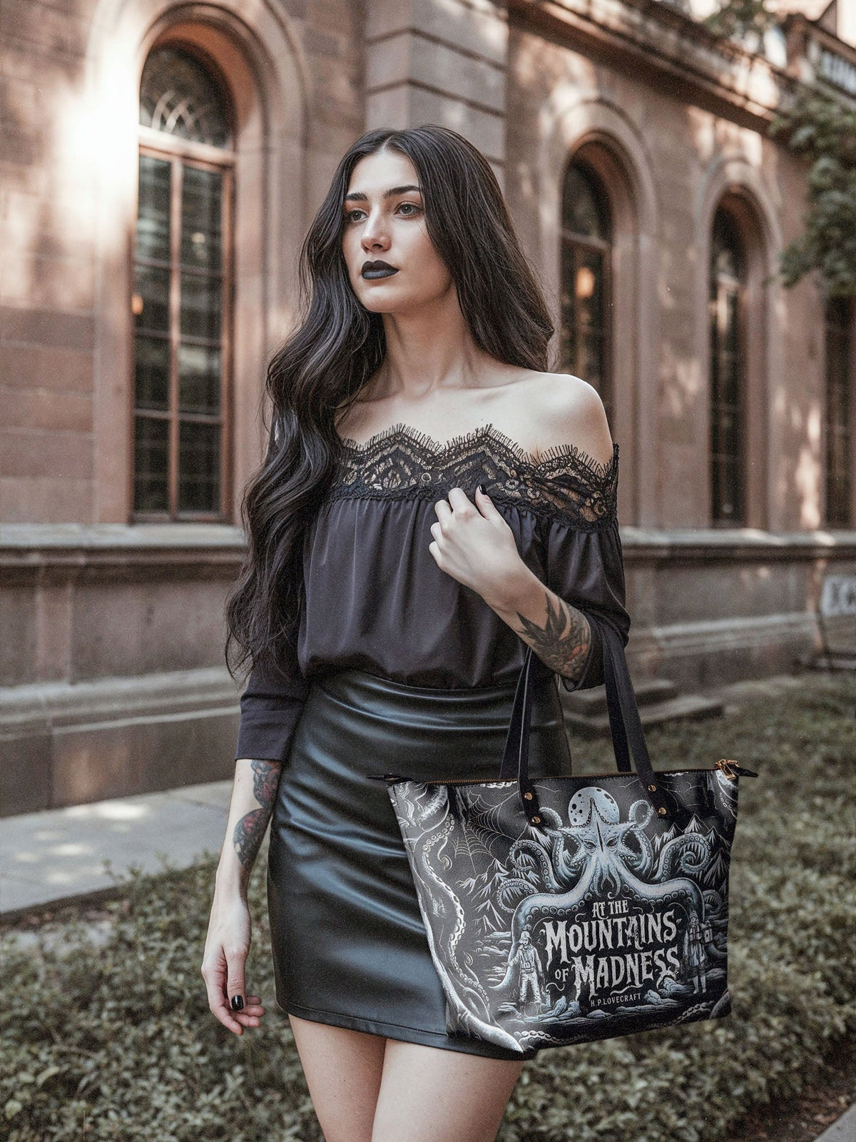 "At The Mountains Of Madness" Leather Tote Bag