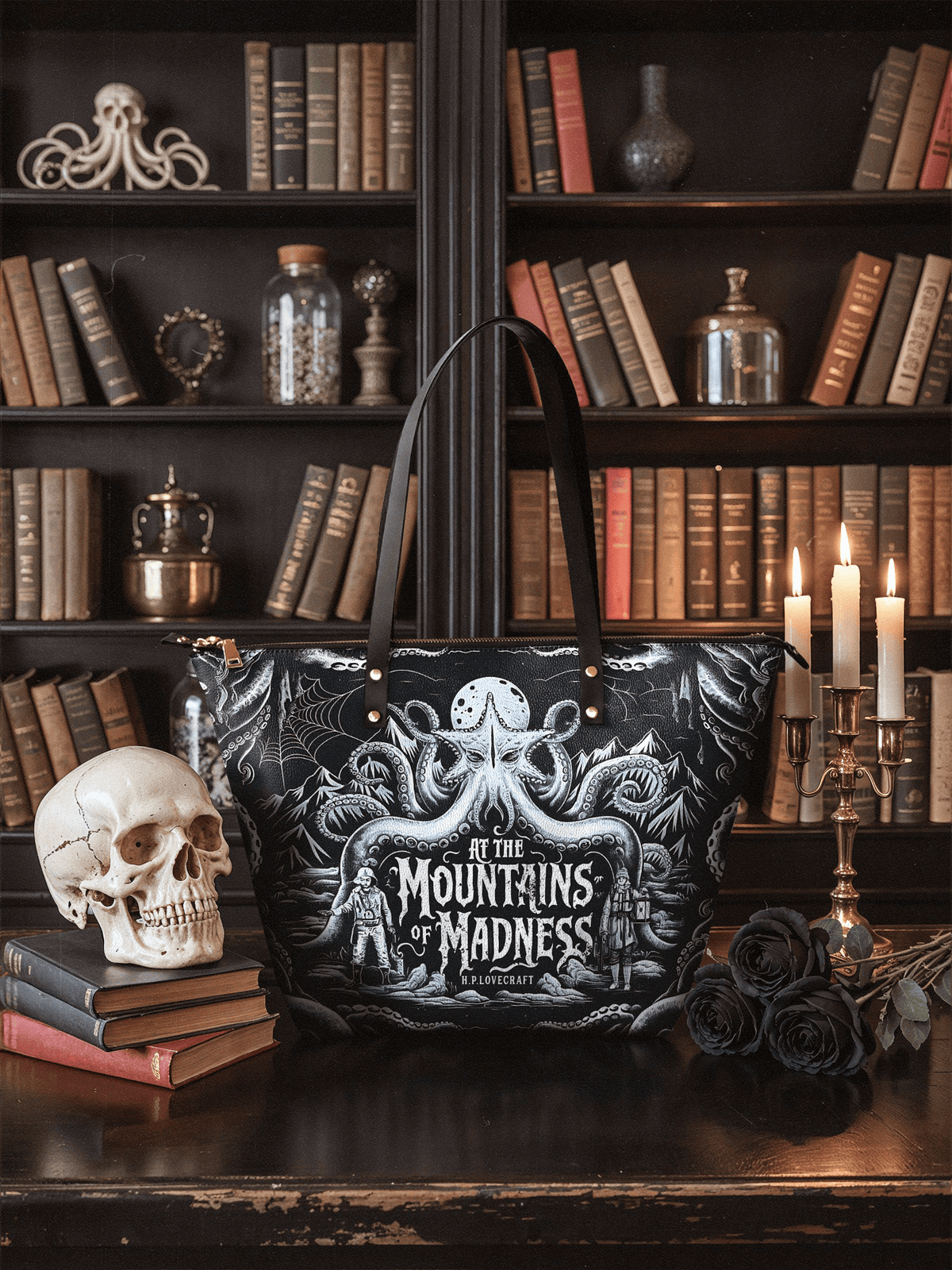 "At The Mountains Of Madness" Leather Tote Bag