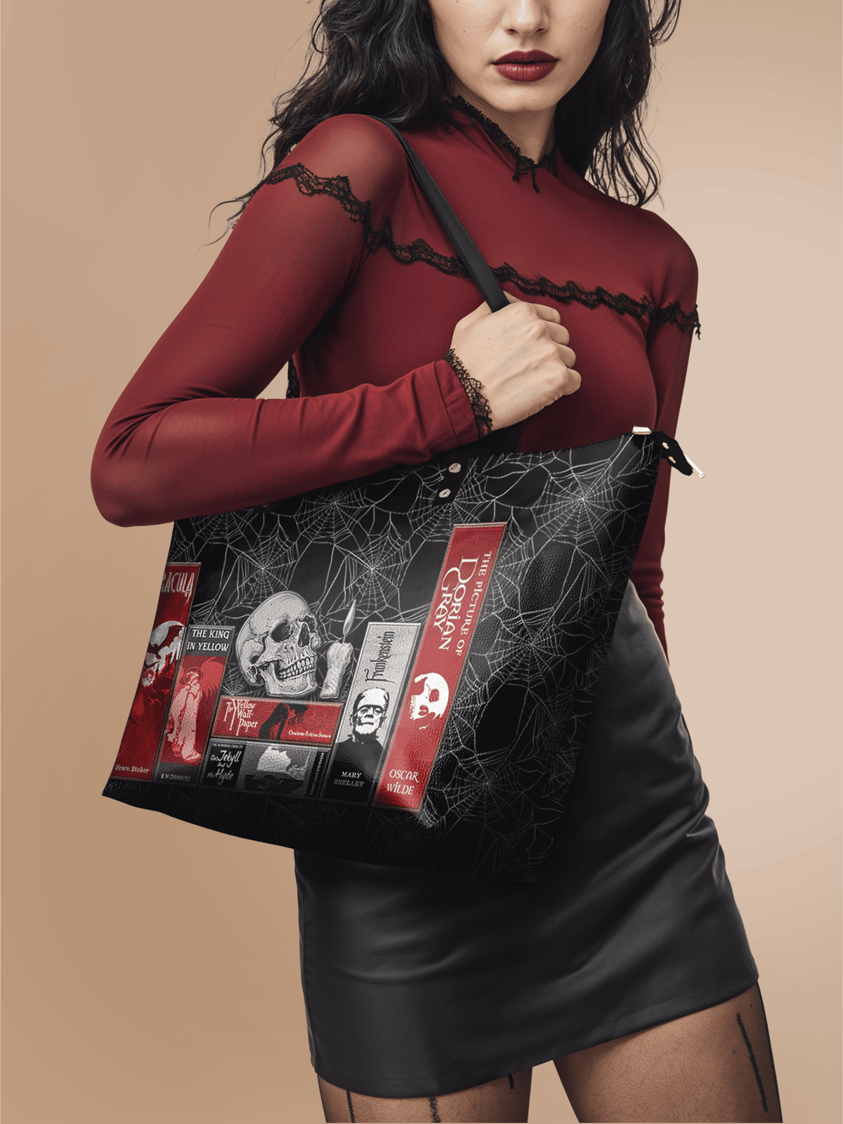 "The Codex of Gothic Tales" Black Widow’s Kiss Leather Tote Bag