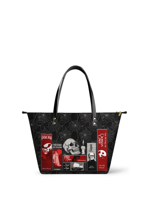 "The Codex of Gothic Tales" Black Widow’s Kiss Leather Tote Bag