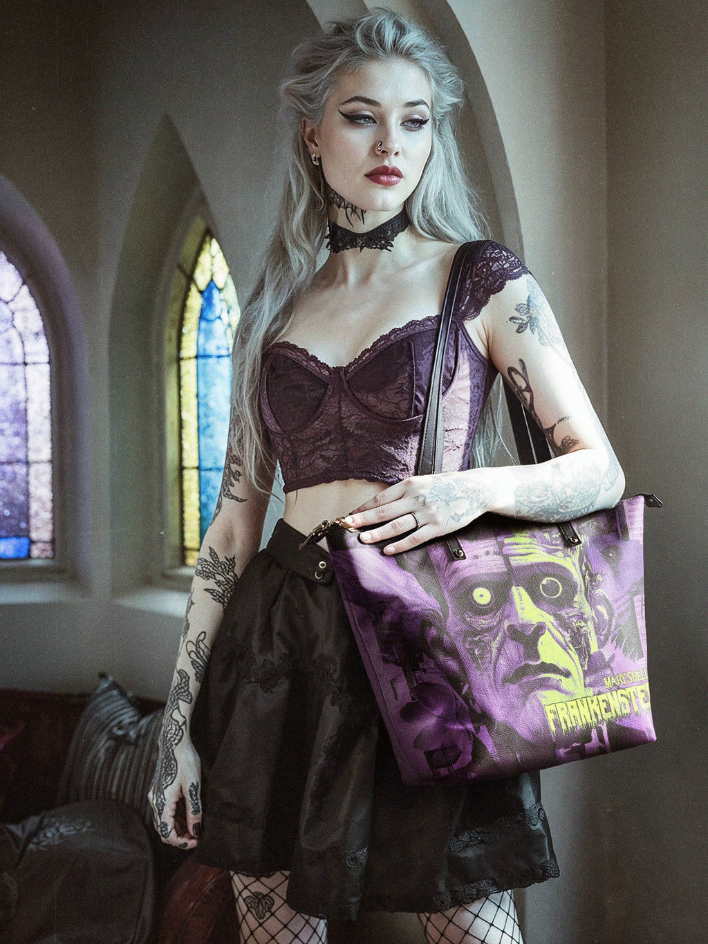 "Frankenstein" Lablight Violet Leather Tote Bag
