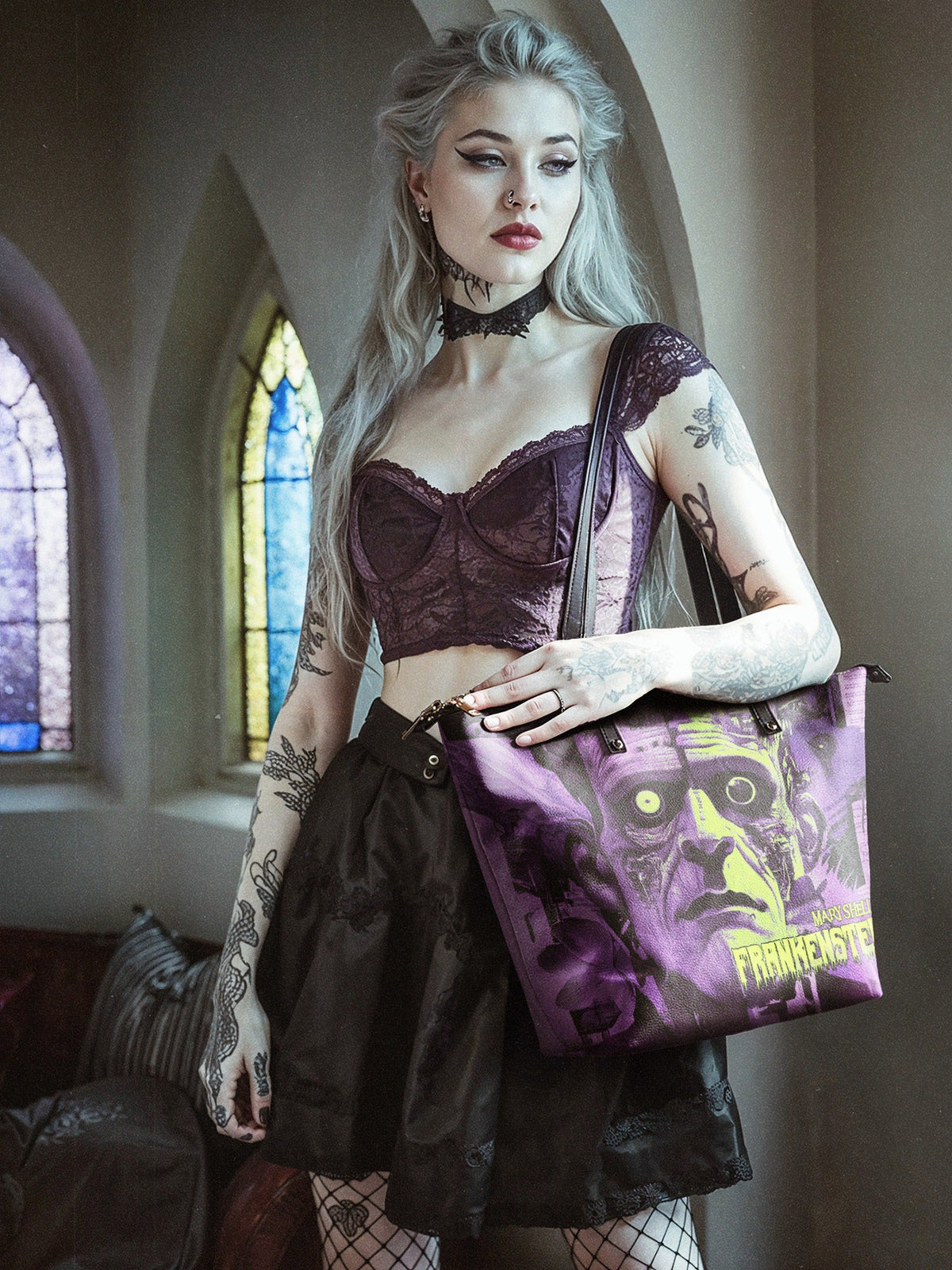 "Frankenstein" Lablight Violet Leather Tote Bag