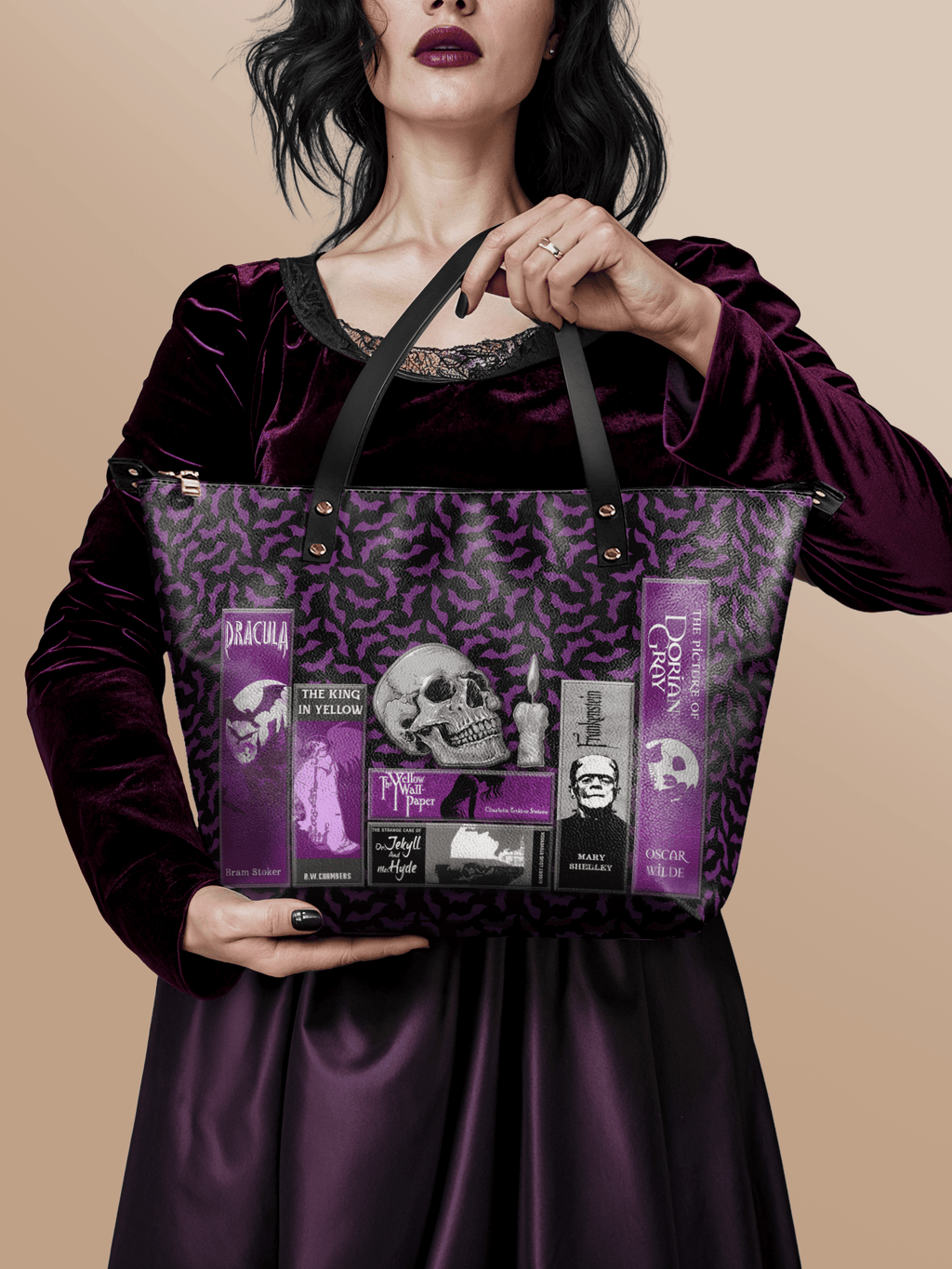 "The Codex of Gothic Tales" Violet Echo Leather Tote Bag