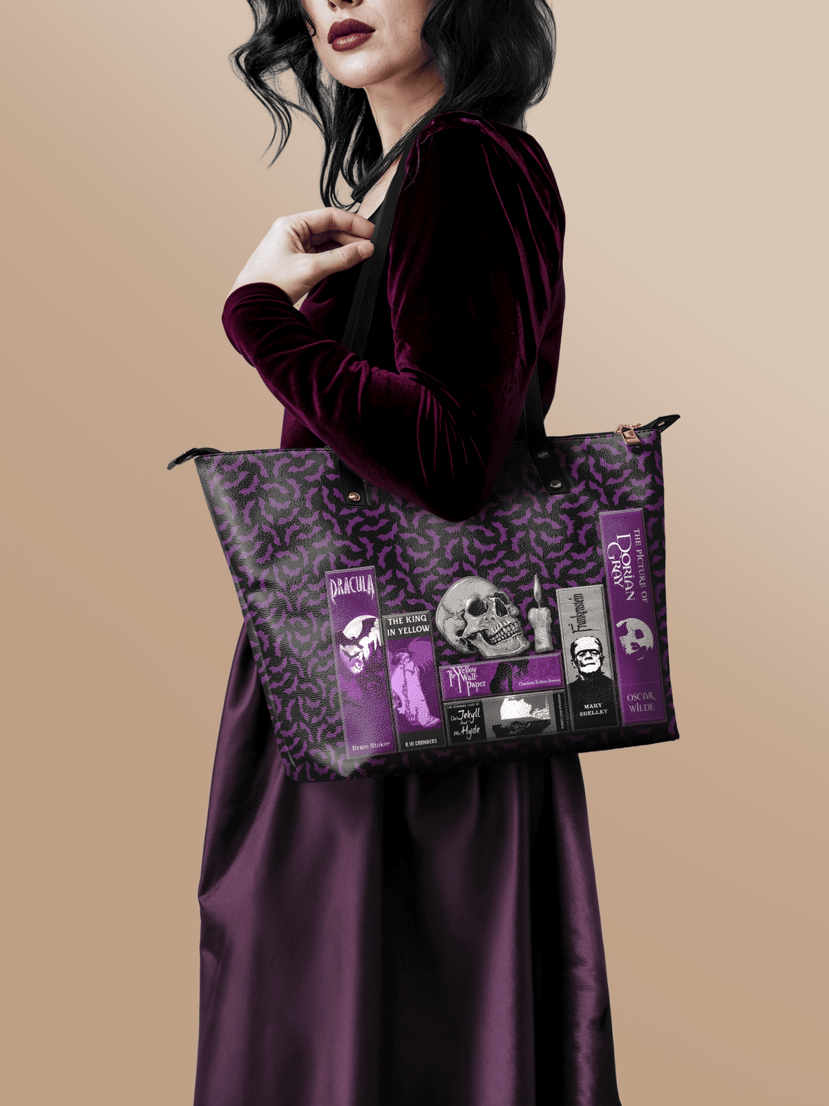 "The Codex of Gothic Tales" Violet Echo Leather Tote Bag