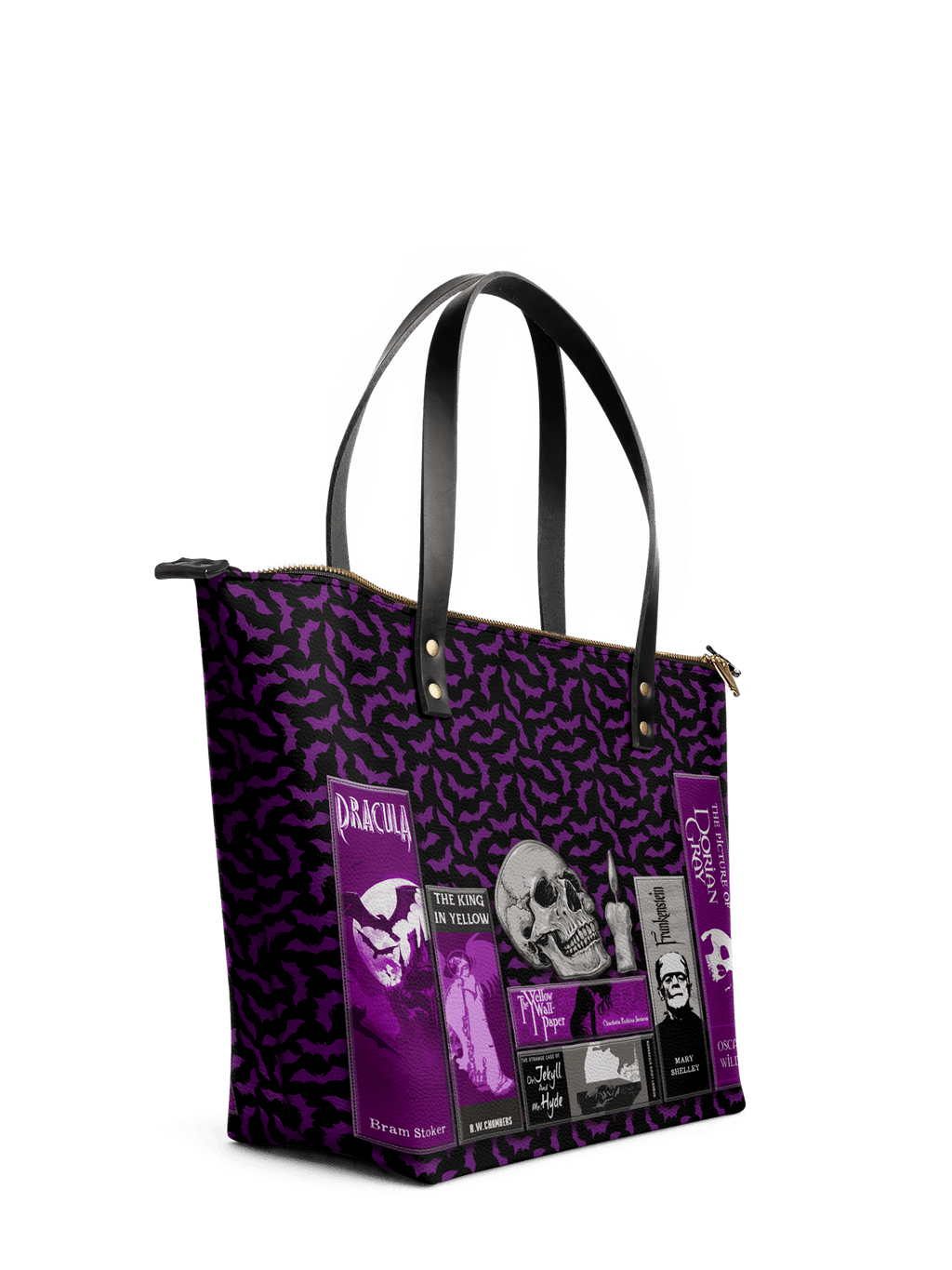 "The Codex of Gothic Tales" Violet Echo Leather Tote Bag