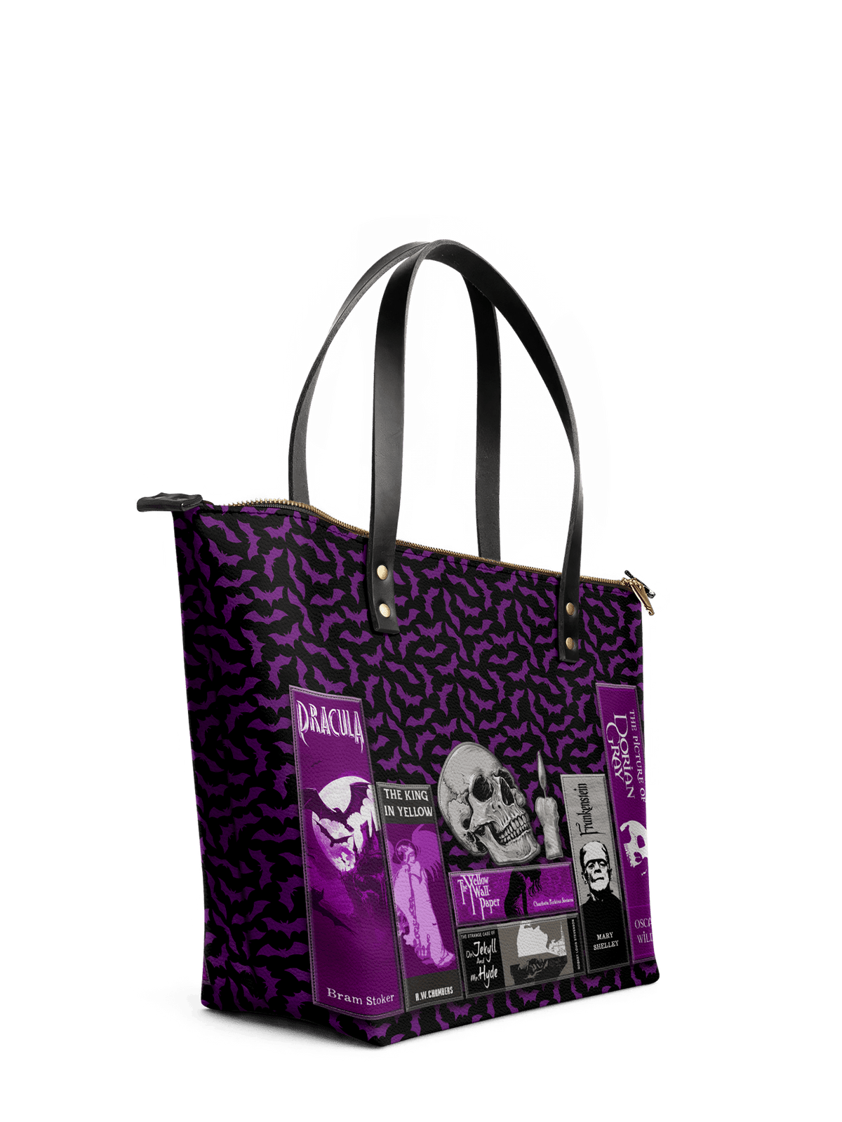 "The Codex of Gothic Tales" Violet Echo Leather Tote Bag