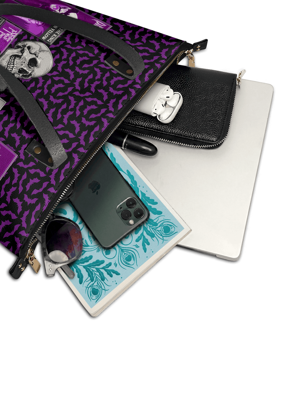 "The Codex of Gothic Tales" Violet Echo Leather Tote Bag