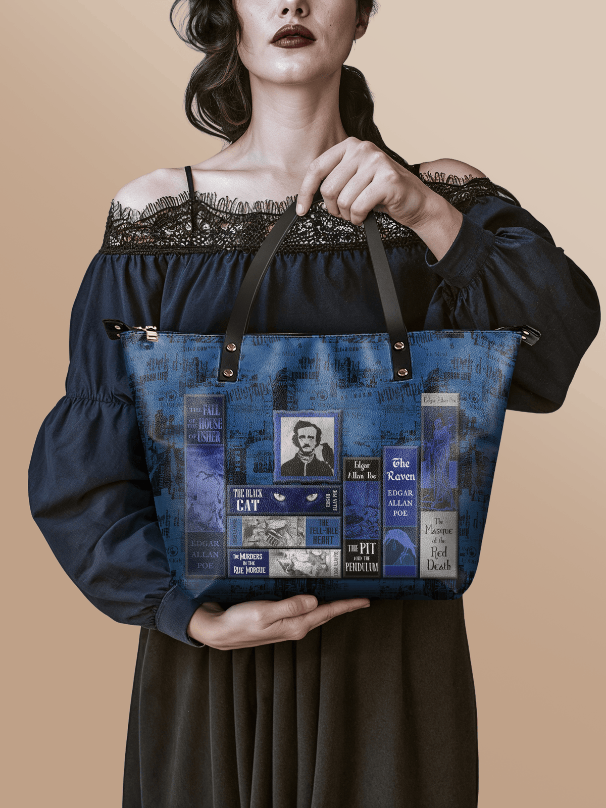 "Poe's Library" Midnight Ink Leather Tote Bag