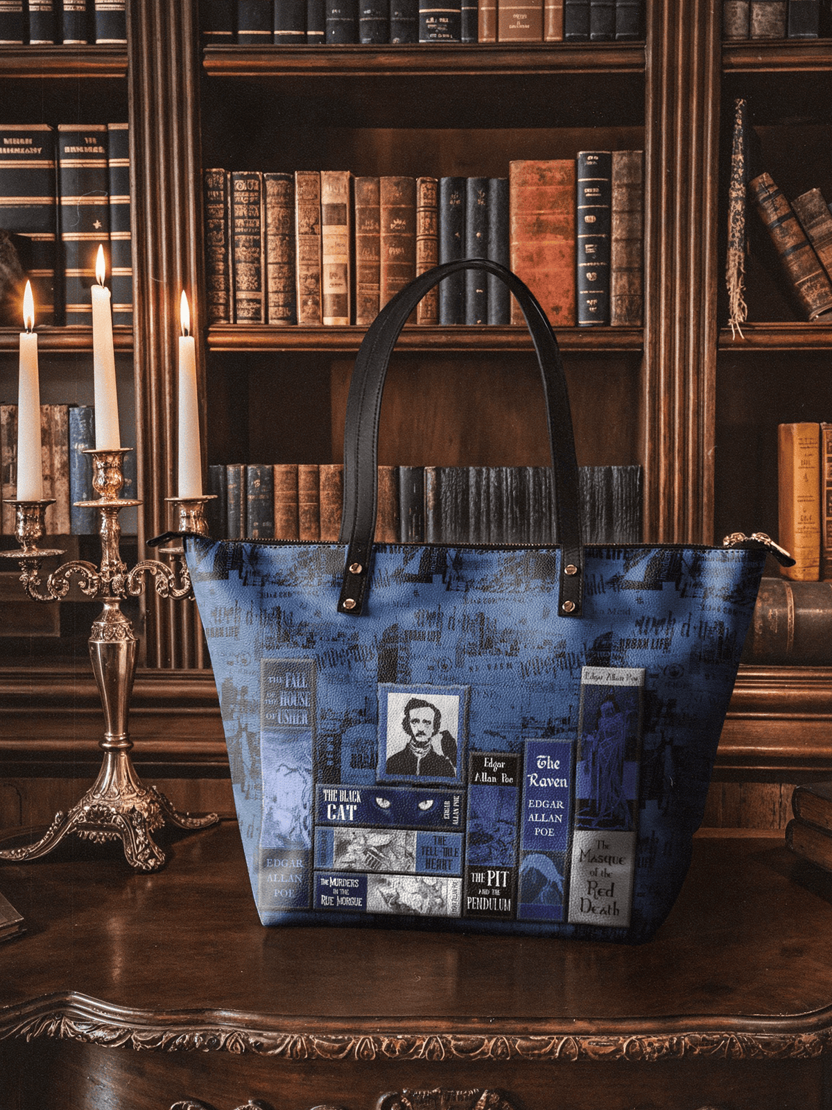 "Poe's Library" Midnight Ink Leather Tote Bag