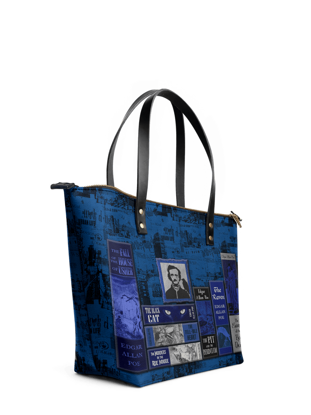 "Poe's Library" Midnight Ink Leather Tote Bag