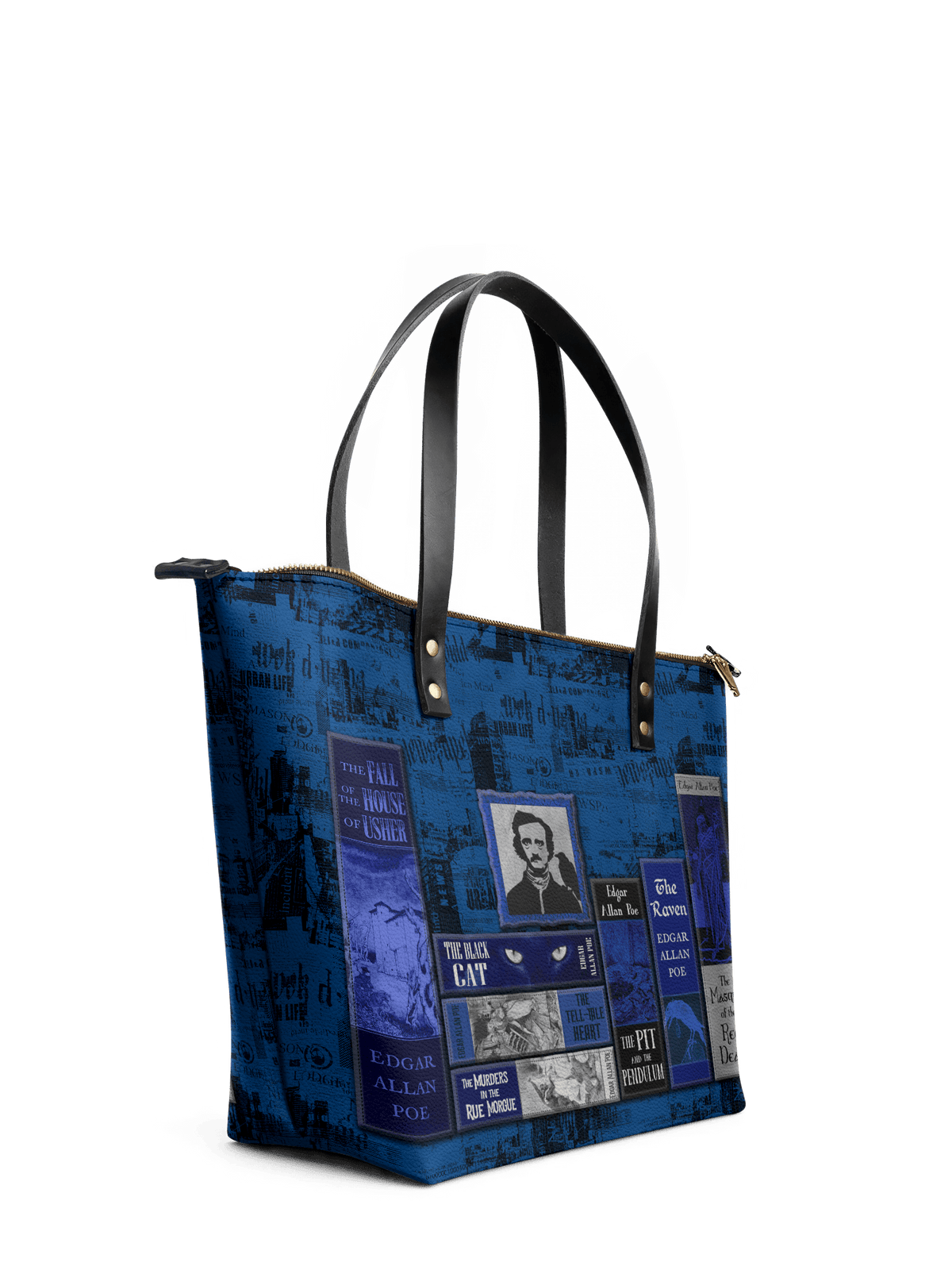 "Poe's Library" Midnight Ink Leather Tote Bag