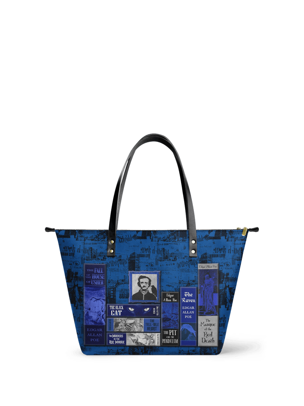 "Poe's Library" Midnight Ink Leather Tote Bag